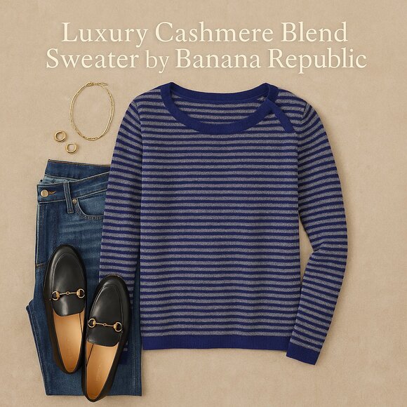 Banana Republic Luxury Cashmere Blend Striped Sweater L | Blue Gray Crewneck - Picture 1 of 14